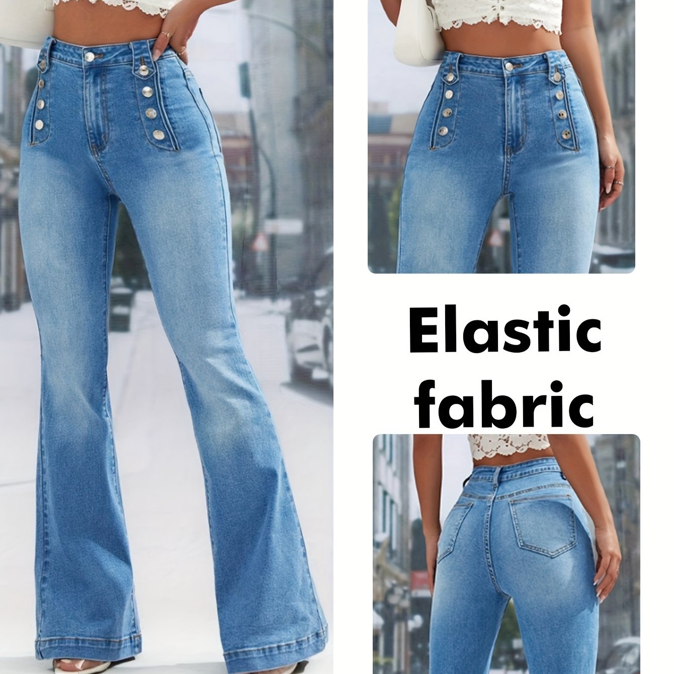 Image of And Summer New Casual Elegant Versatile Washed Denim Micro Flared Pants, Washed Denim Elastic Fabric, Tall Micro Flared Version, Suitable For Daily And Casual Wear, Suitable For , Row Button Design