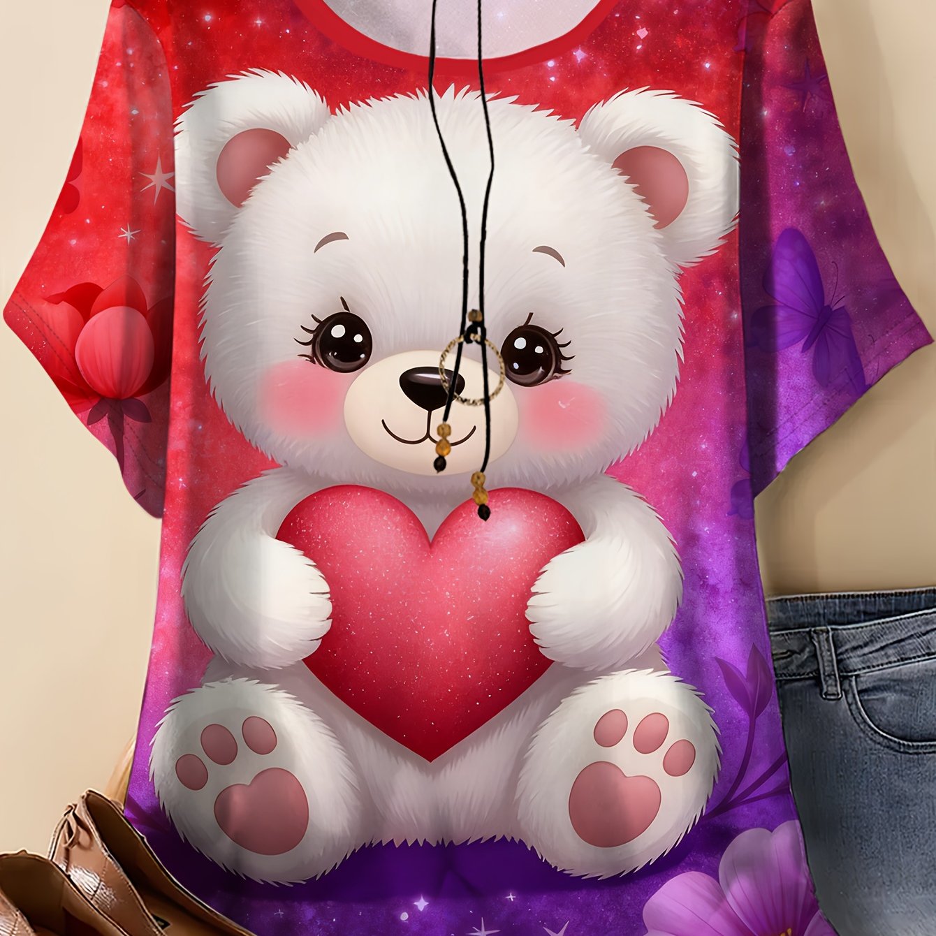 TEMU Plus Size - Plus Size - Plus Size Women's Casual And Travel Round Neck Short Sleeve T-shirt Featuring A Heart And A Little White Bear Print -