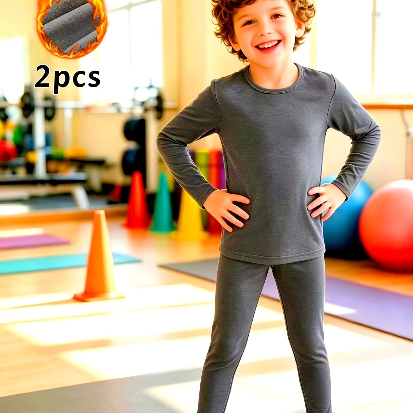 Image of Children's 2-piece German Velvet Base Layer Set: Simple Solid Color Long-sleeve T-shirt And Solid Color Long Pants, Suitable For Spring/autumn/winter, Winter, Loose Fit, , Daily Wear