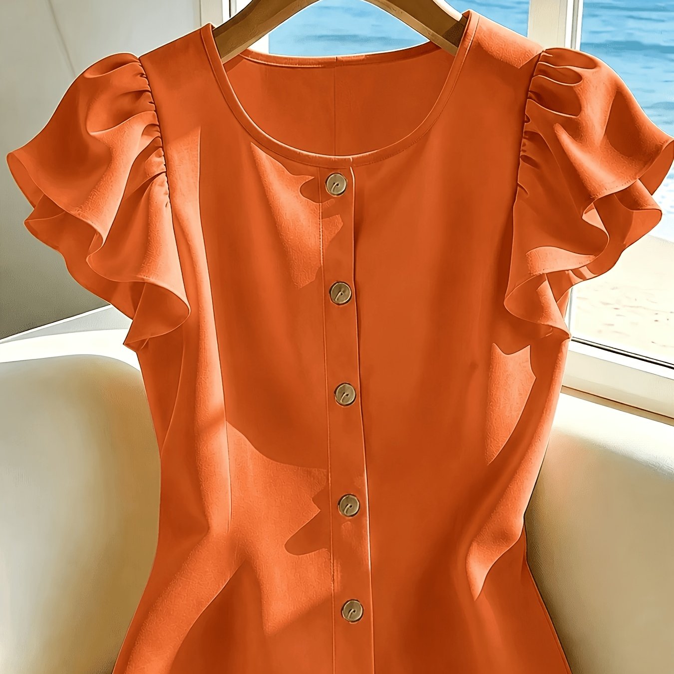 TEMU Summer New Sleeve Round Neck Shirt, Summer Fashion Versatile French Button-decorated Top, Summer Fashion Elegant Shirt