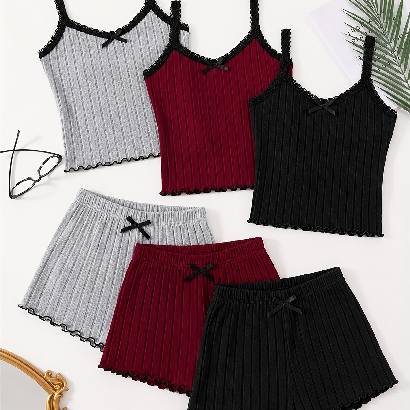 TEMU 3-set 6pcs Size Label Women's Spring Summer Style Pajamas, Solid Burgundy And Black And Gray Casual Easy Sexy Lace Cami Shorts 2pcs Set Women