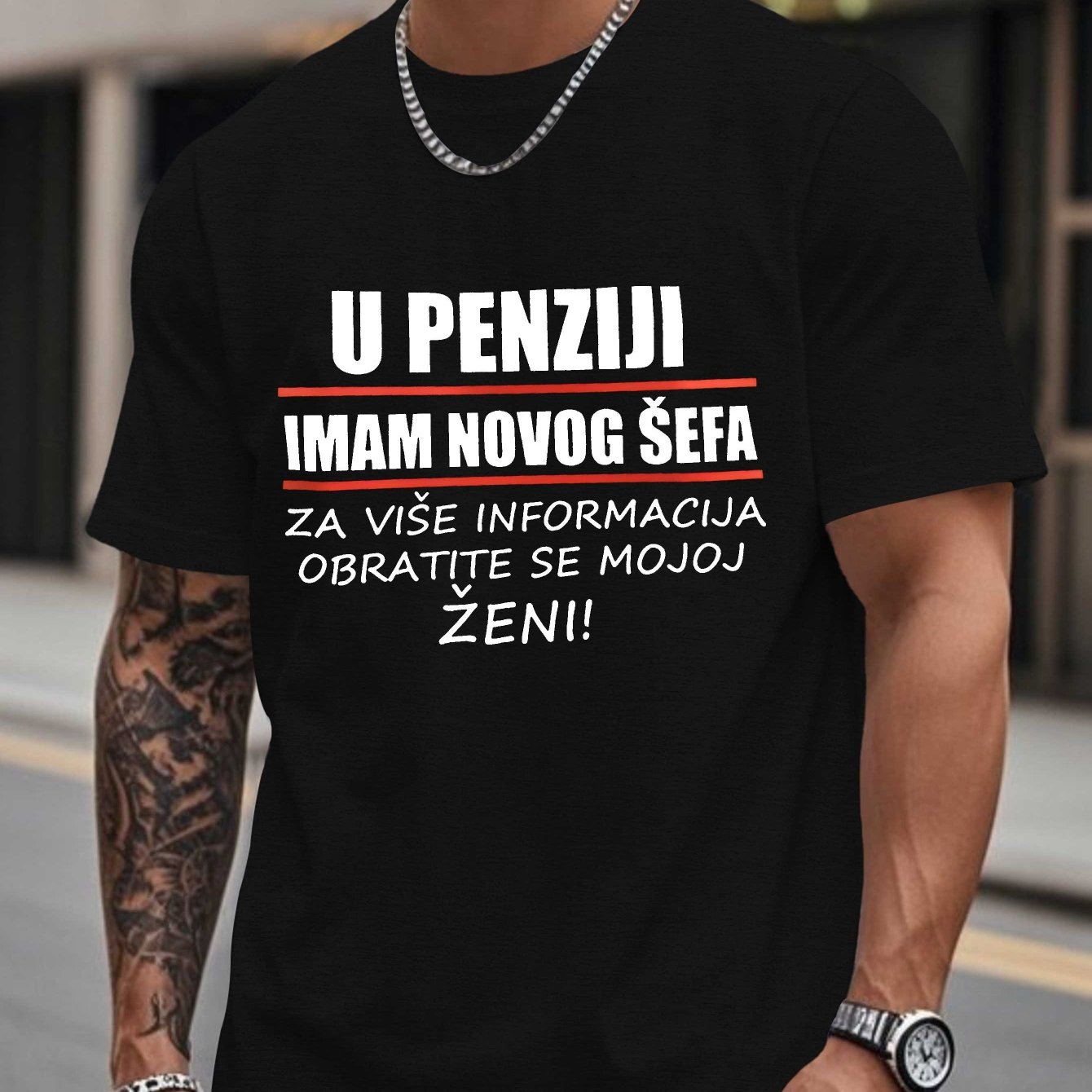 TEMU Men's Casual Short Sleeve T-shirt - Funny Croatian Quote, Black With White Text, Round Neck, Lightweight Summer Top For Casual Attire, Summer