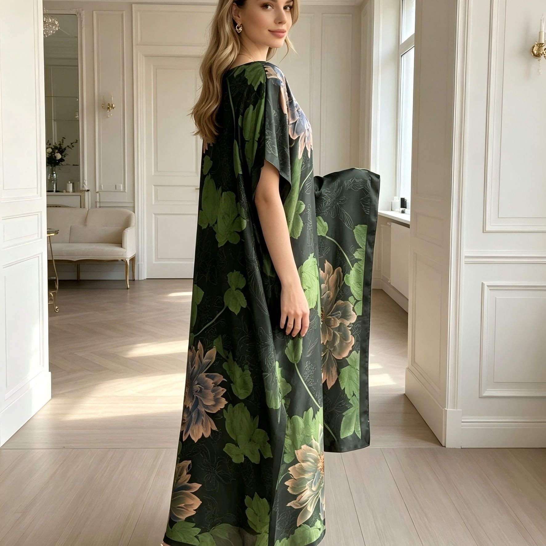 TEMU Plus Size - Dark Ink Green Peony Print Plus Size Women's Long Robe Dress With Boat Neck And Flared Sleeves