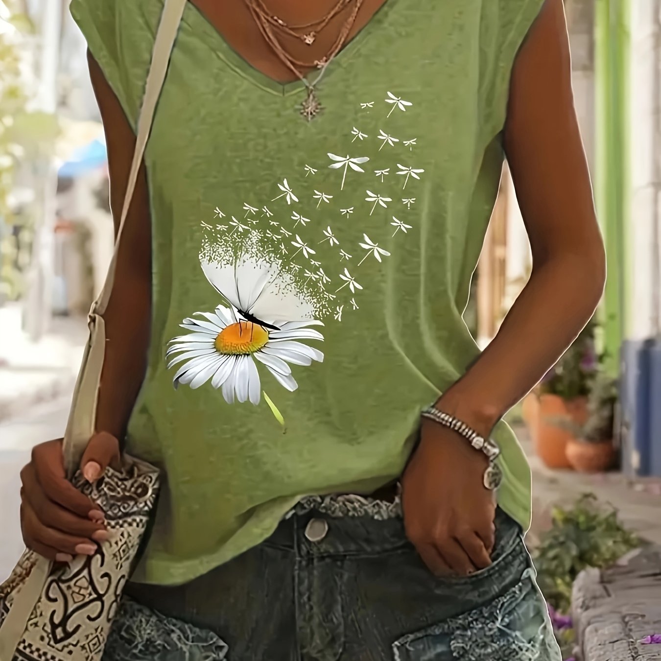 TEMU 2025 Spring/summer New Style Positioned Floral Print V-neck Short Sleeve Loose Casual Top Base T-shirt Comfortable Fashionable - Suitable For