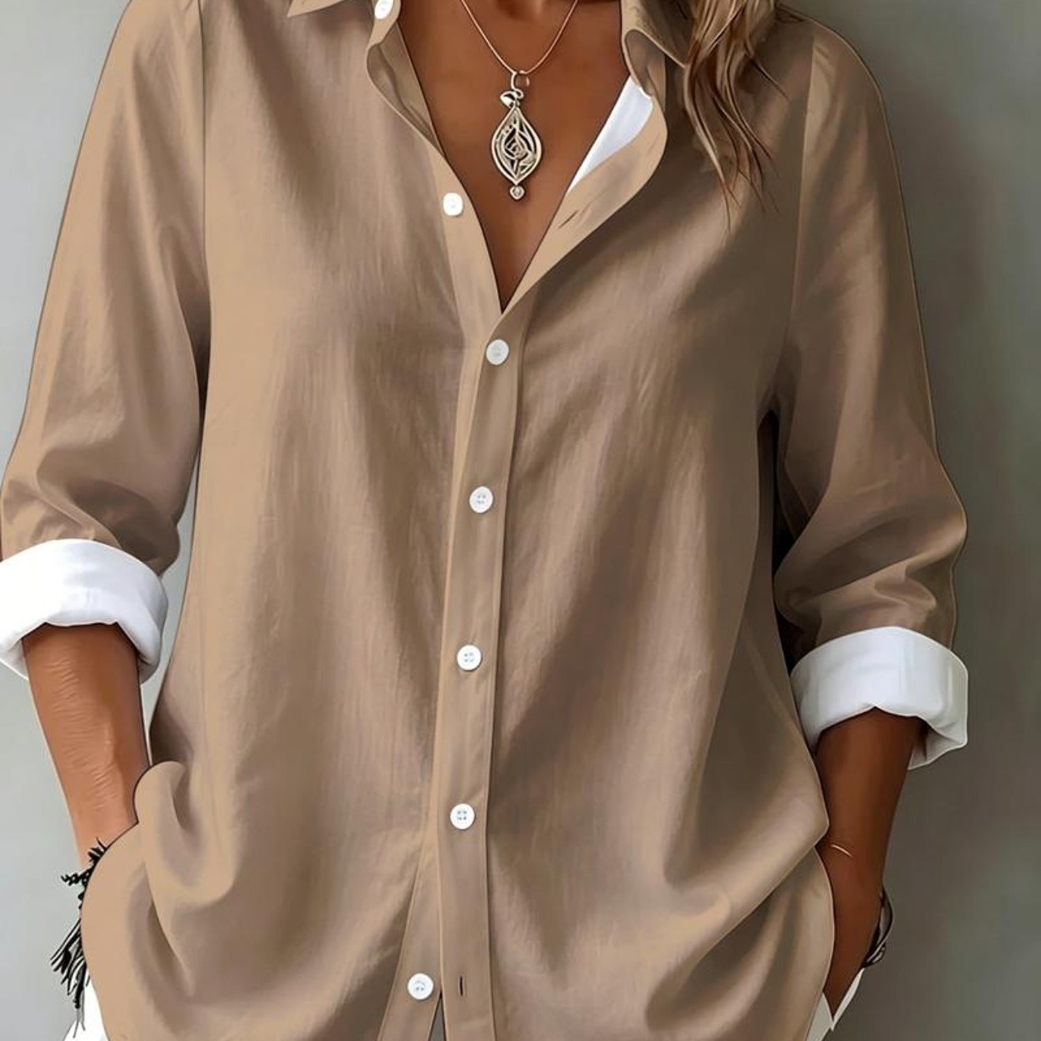 TEMU [printed Design - Not Textured] Women's Long Sleeve Shirt, Mixed Colors, Multiple Specifications , Plain Smooth Background Style, Suitable For