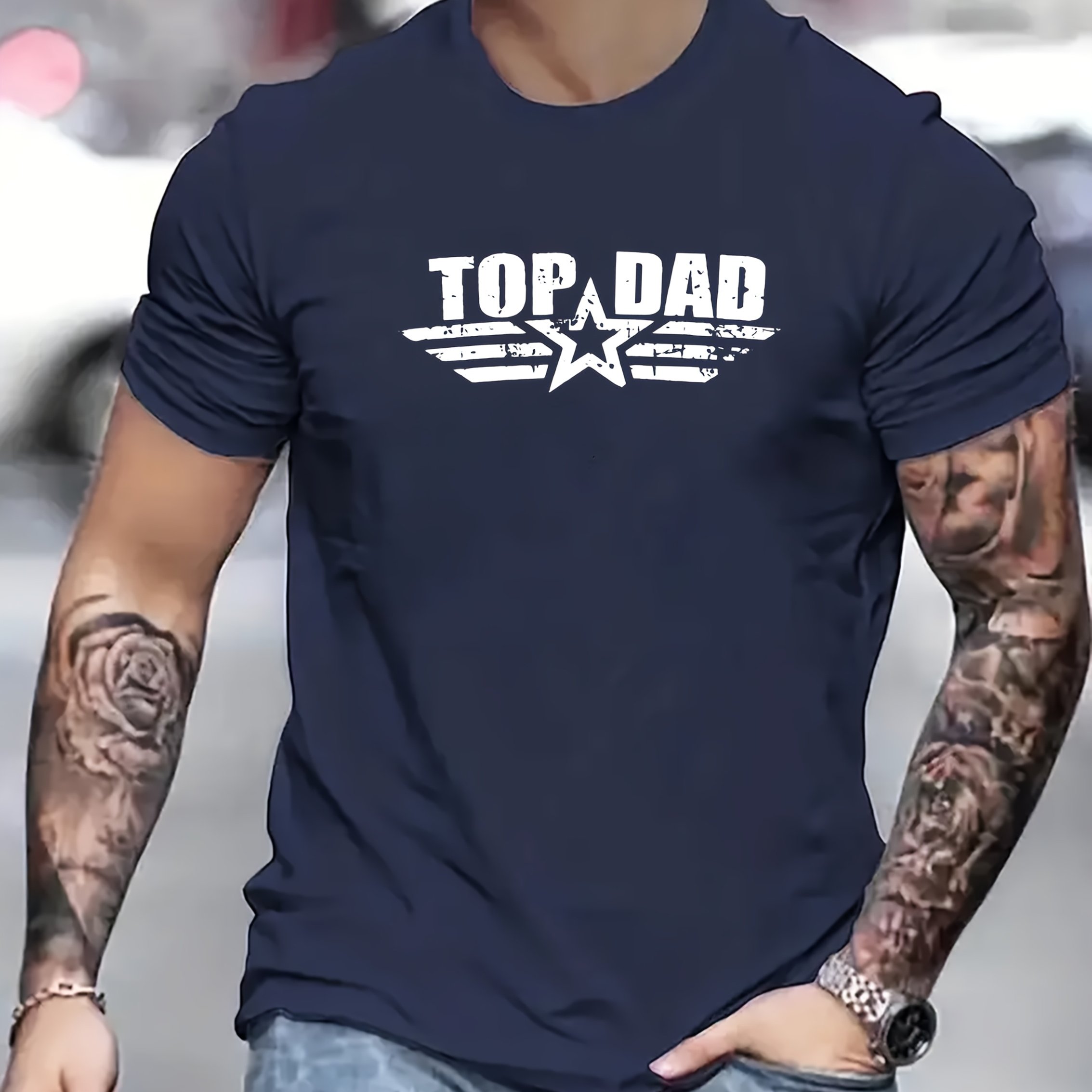 TEMU Top Dad" Graphic Tee For Men - Casual Crew Neck Short Sleeve T-shirt, Breathable Polyester, Summer Fashion