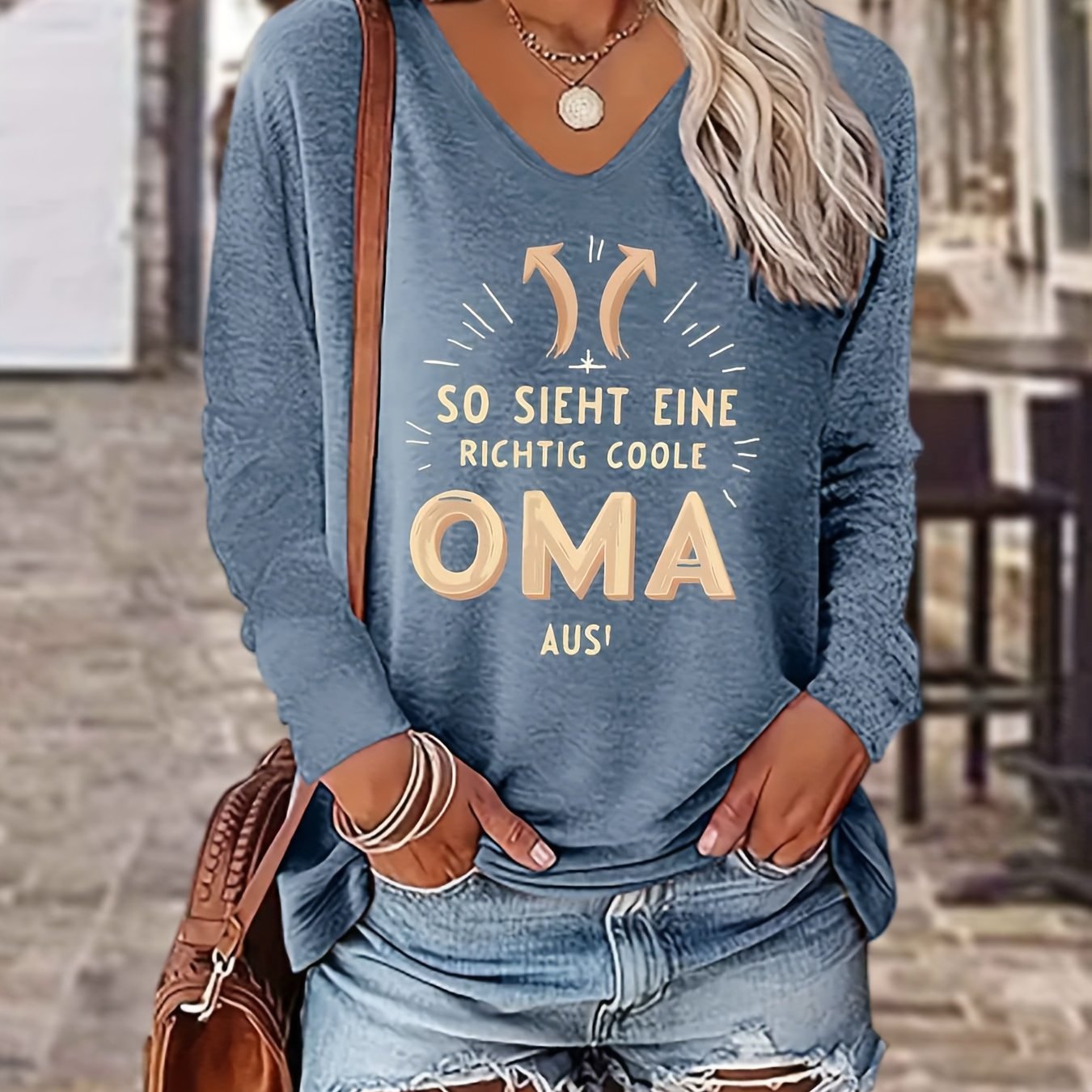E-shop Das ist die coole Oma! Deutscher Druck Frühling Herbst Winter Damen 100% Pop Fashion V-Ausschnitt Geripptes Langarm T-Shirt, Lässiger