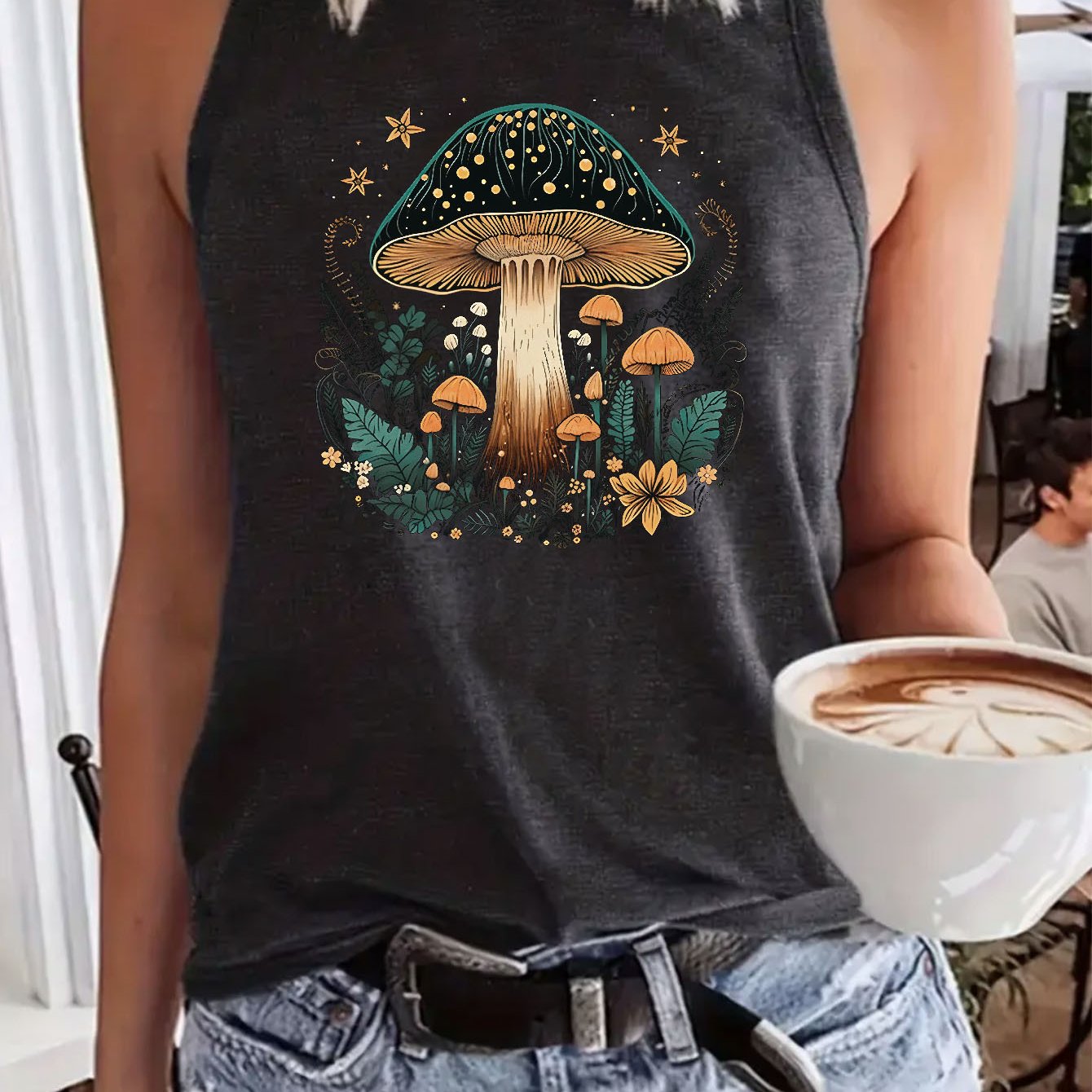 TEMU "mushroom" Print Round Neck Vest, Spring And Summer Casual Sleeveless Top, Women's