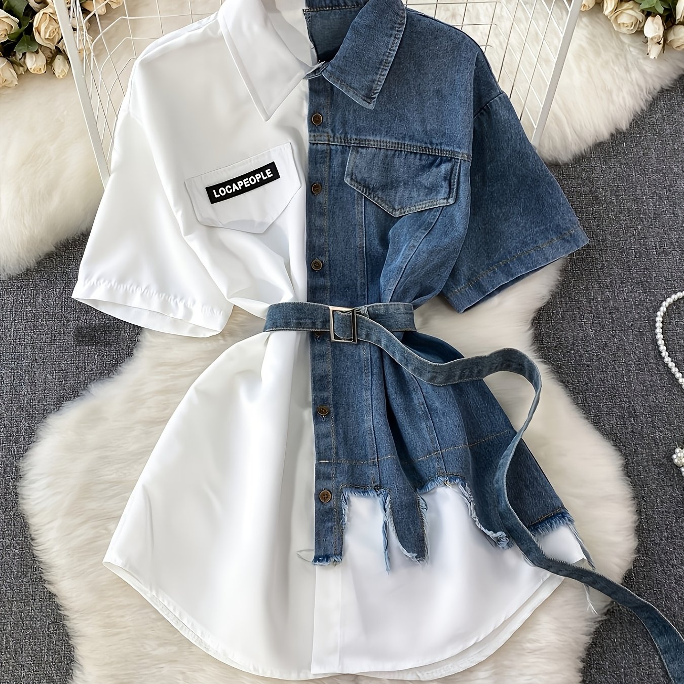 TEMU Color-block Lapel Waist-cinching A-line Single-breasted Shirt Denim Dress For Women, Mid-length Irregular Shirt Dress