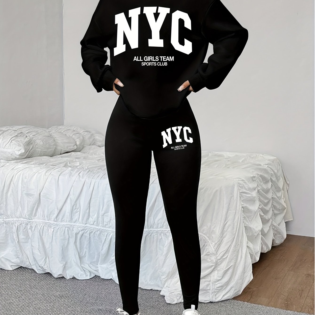 TEMU 1014gwen, 1 Set Of Casual Women's Sweatshirt Set, 2pcs, Letter Print, Round Neck Long Sleeve Sweatshirt, Long Leggings, Worn Alone Or As A