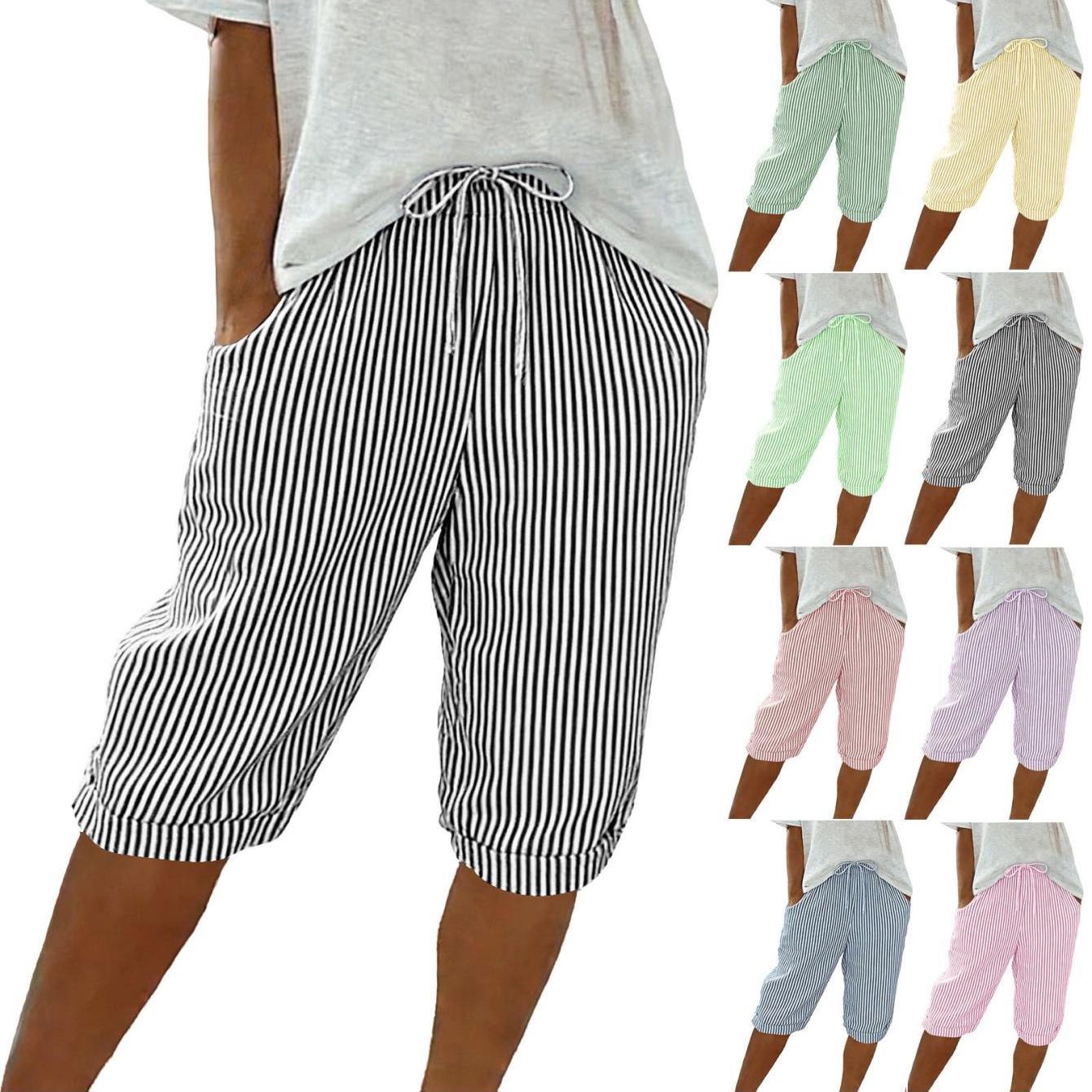 TEMU Women's Striped Casual Shorts Elastic Waist Loose Fit Straight Wide Leg Design With Side Pockets Fashion Half Shorts For Daily Casual Summer Outdoor And Vacation Wear