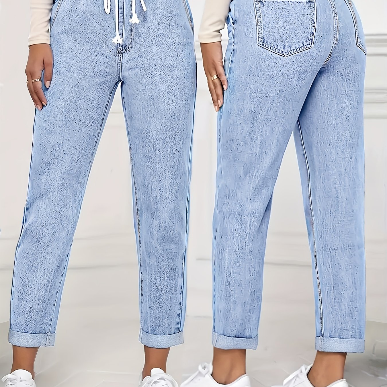 Image of Ladies' 2026 New Elastic Waist Drawstring Slim-fit Nine-, Acid-washed Light Blue Rolled Hem Straight-leg Denim Pants, Elegant Women's Clothing, Tapered Pants Suitable For , Pocketed Mom Jeans