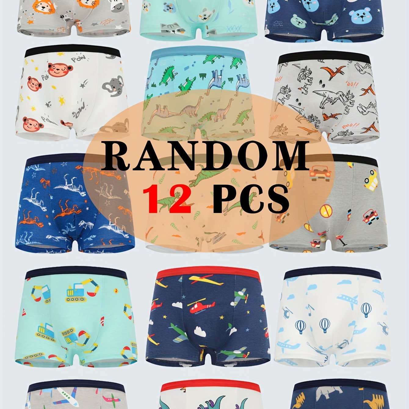 Random 12pcs Boys' Boxer Briefs With Cute Cartoon Car Pattern And Dinosaur Print, Comfortable, Breathable, And Soft Boys' Underwear