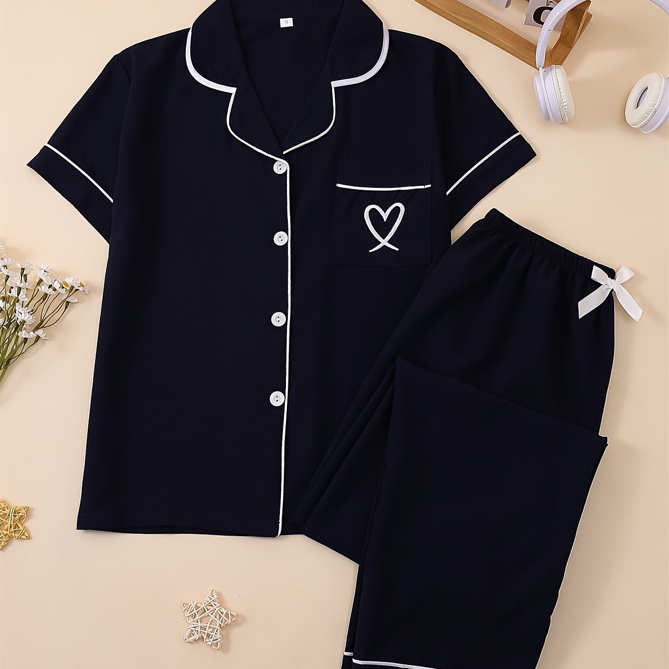 TEMU Women's 2pcs Black Heart Bow Pajama Set, Short Sleeve Cardigan And Elastic Waistband Pants, Comfortable Sleepwear And Casual Loungewear For