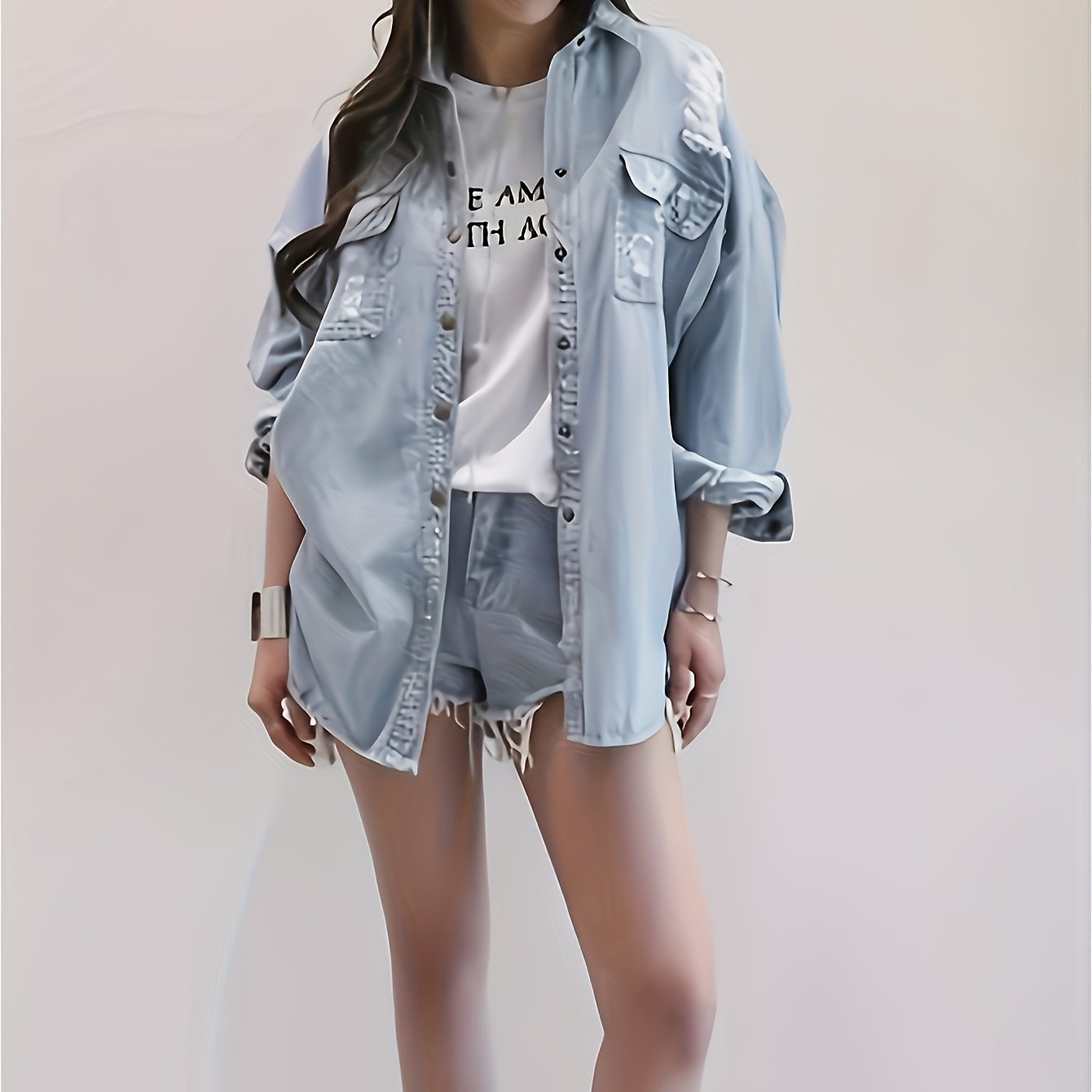 New Printed Slit Back Letter Loose Ripped Light Denim Trench Coat Spring Jacket For Women 10-6831