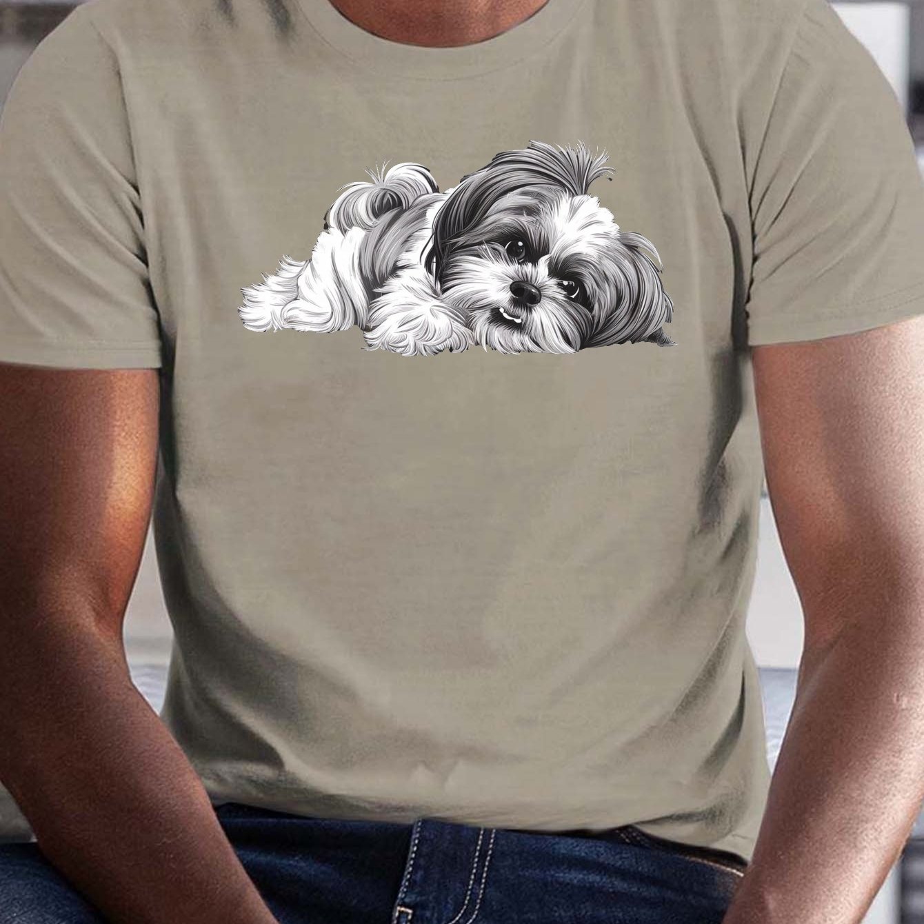 TEMU Men's Casual Short Sleeve T-shirt With Unique Shih Tzu Print - Breathable Polyester, Machine Washable - Perfect For Summer