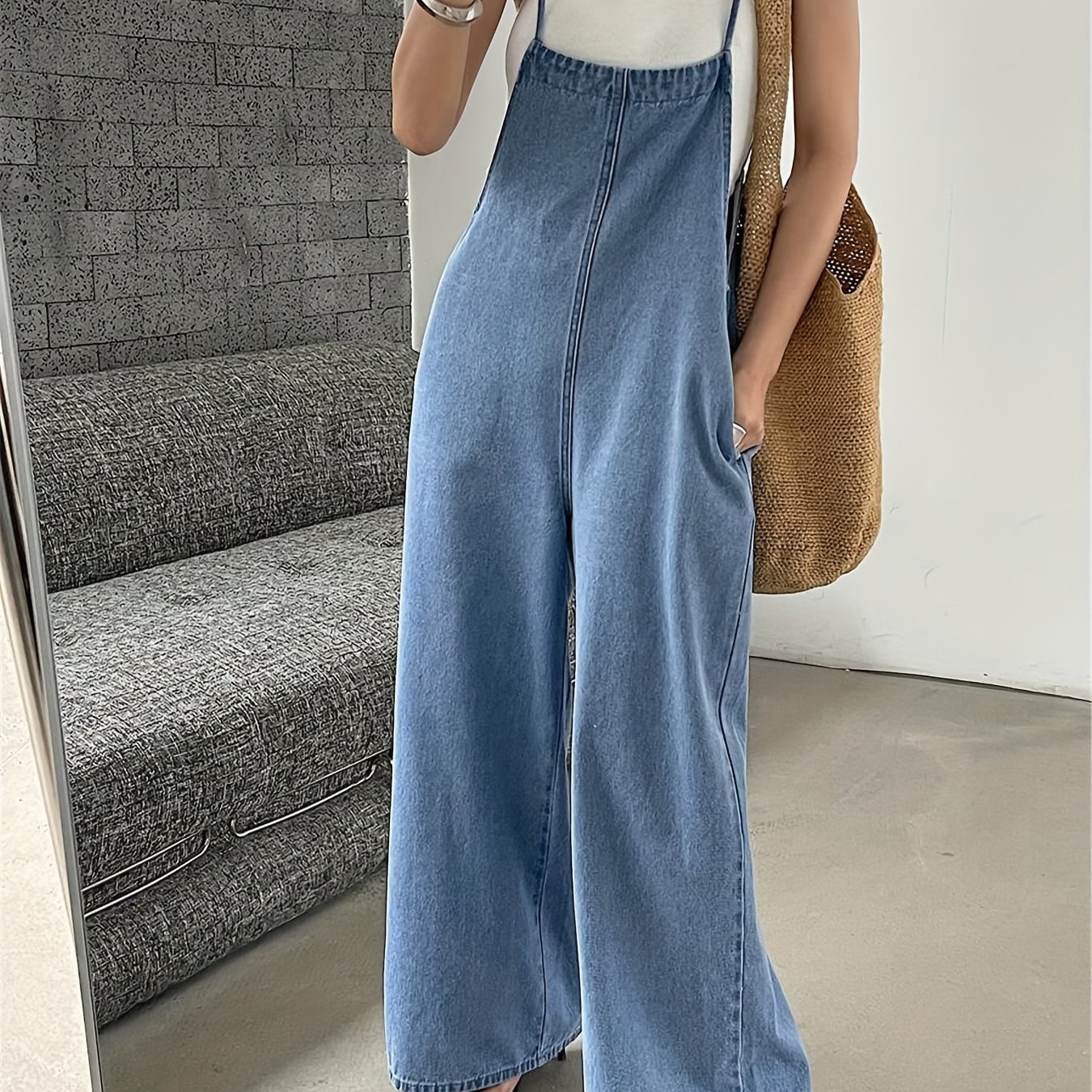 Image of Denim Overalls Loose Wide-leg Jumpsuit, Fall Clothing, Spring Fashion, Elegant Style, Wide Leg, Nonstretch Material, Design, Coverall Pants, Outfit, Casual Wardrobe, Stylish Women