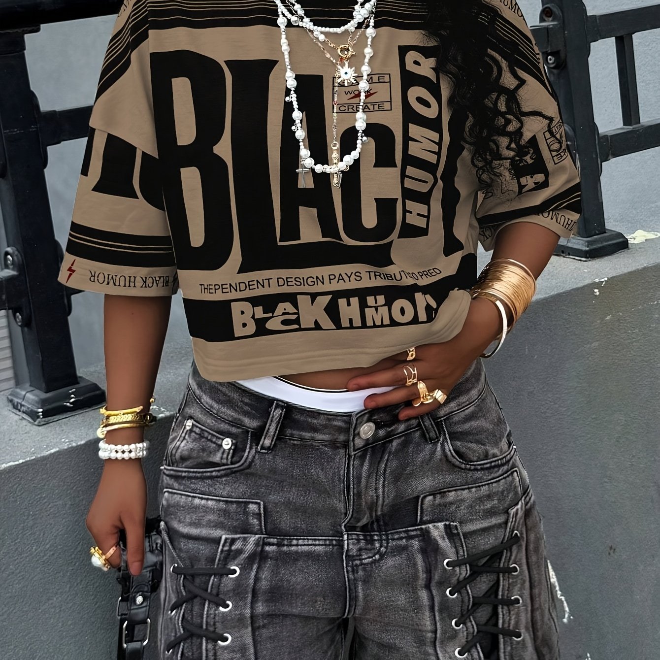 E-shop Damen Kurzarm T-Shirt mit schwarzem Humor Text Layout Print Design, Y2K Retro Street Style, lockere kurze Version, trendiges Casual Top,