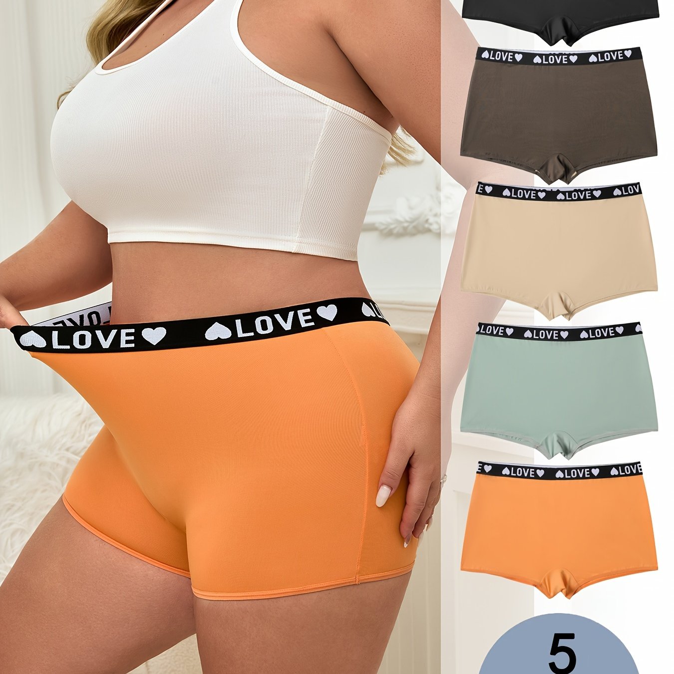 5- Size Panties, Heart Letter Waistband, Comfortable Breathable Women's Plus Size Boxer Shorts