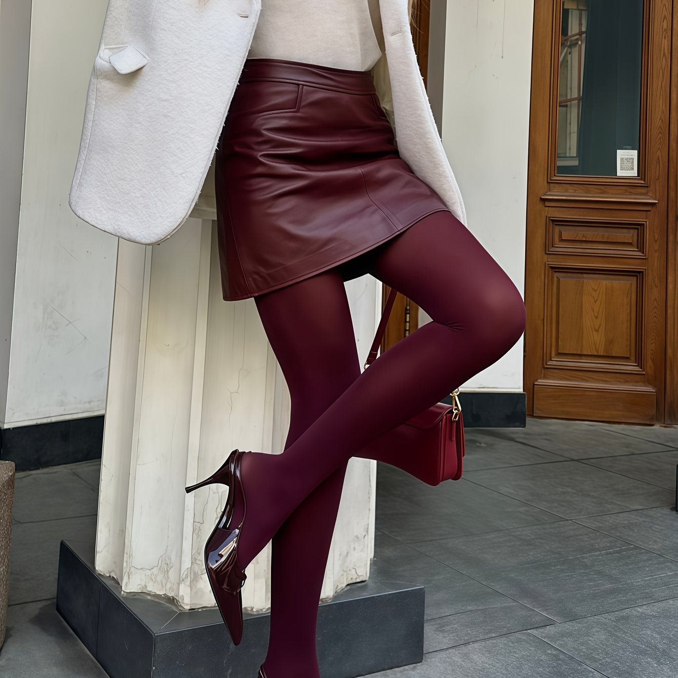 Image of Women's Burgundy Matte Velvet Leggings - High-elastic Retro Slim-fit Full-length Pants, Suitable For Parties, Gatherings, And Wear - Elegant And Comfortable Stretchy Tights