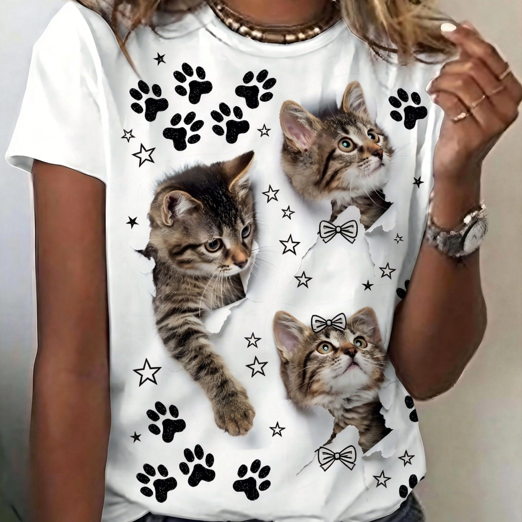 TEMU Printed Design - Not Textured Women's Paw Print Pattern Short Sleeve T-shirt, Tabby Kitten , Casual Wear For Pet Lovers