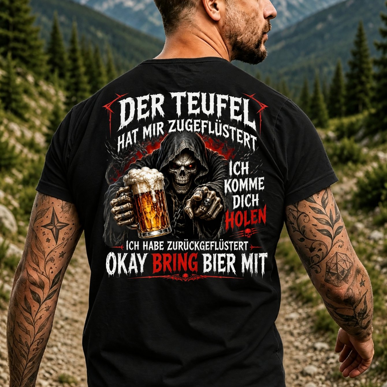 Men's Gothic Reaper Beer T-shirt - Devil Back Print With Beer Glass & Red Gothic Graphic, Casual Round Neck Tee Suitable For Themed Parties, Casual Attire, Machine Washable Beer Humor Apparel