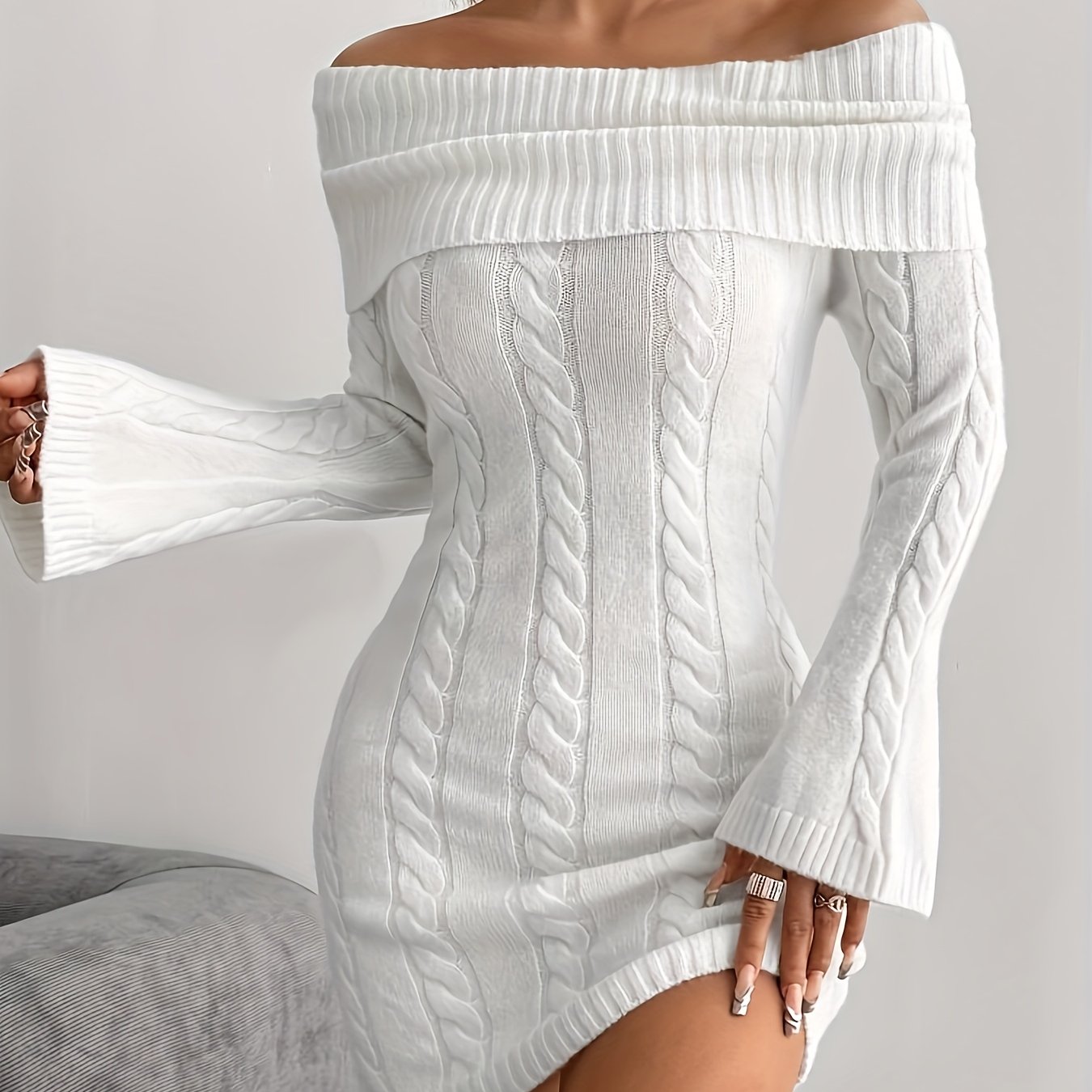 TEMU Targeted Development One-letter Off-shoulder Short Skirt Made Of Scalloped Texture Long Sleeve Texture Three-dimensional Cable Texture Dress