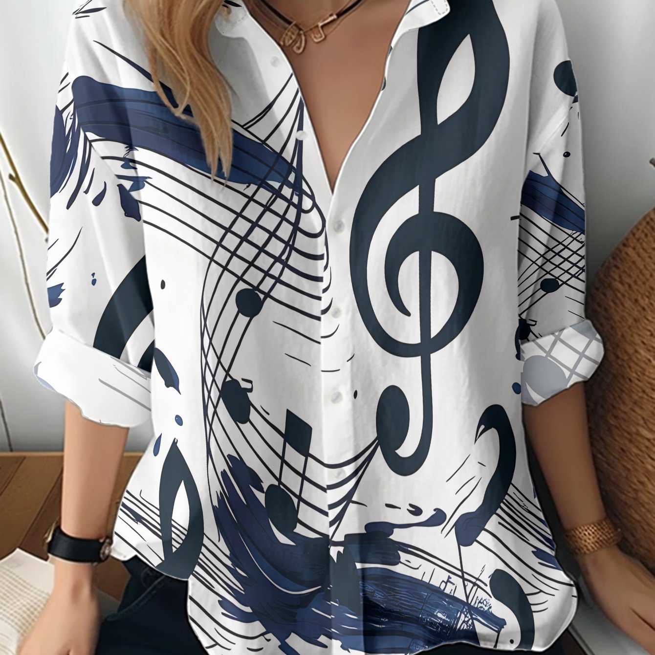 TEMU Chemise à Boutons Femme avec Notes de Musique et - Blouse à Col et Manches Longues, Haut en Lavable en Machine, Idéal pour de la Musique, Tenue