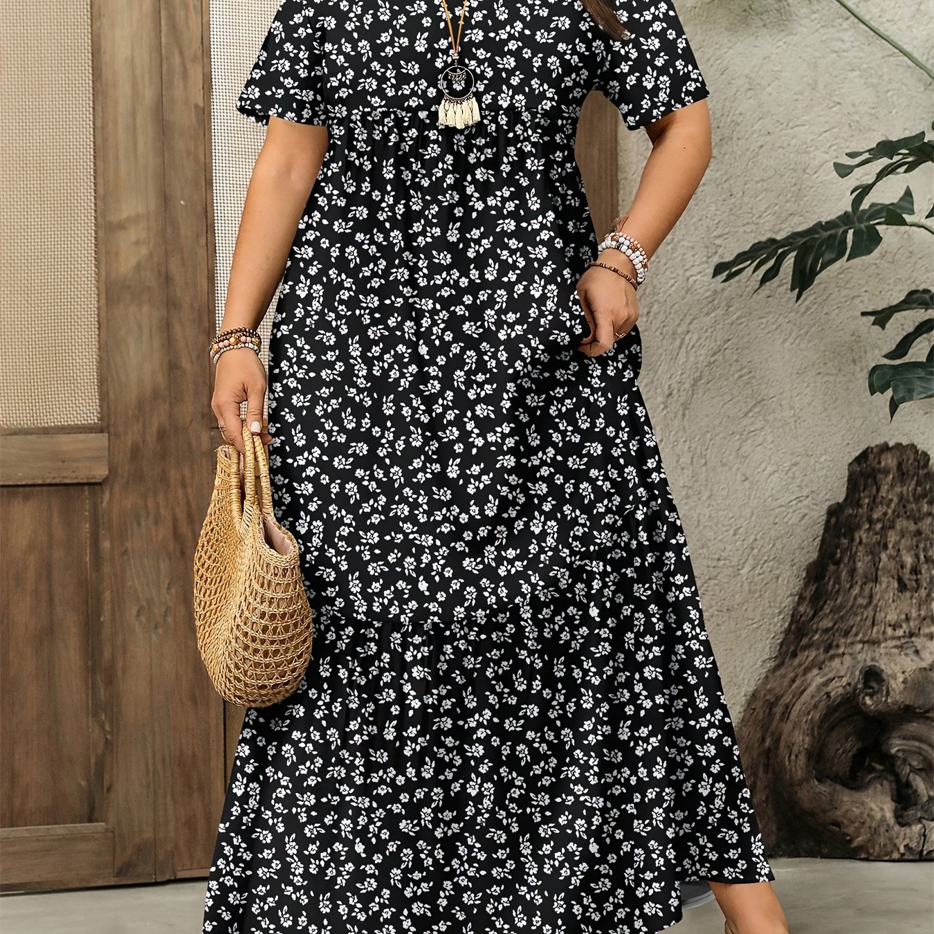TEMU Women's Floral Print Dress, Casual And Simple Short-sleeved Loose Long Dress With Floral Print, Gift For Mom, , Women's Vacation Outfit, Simple