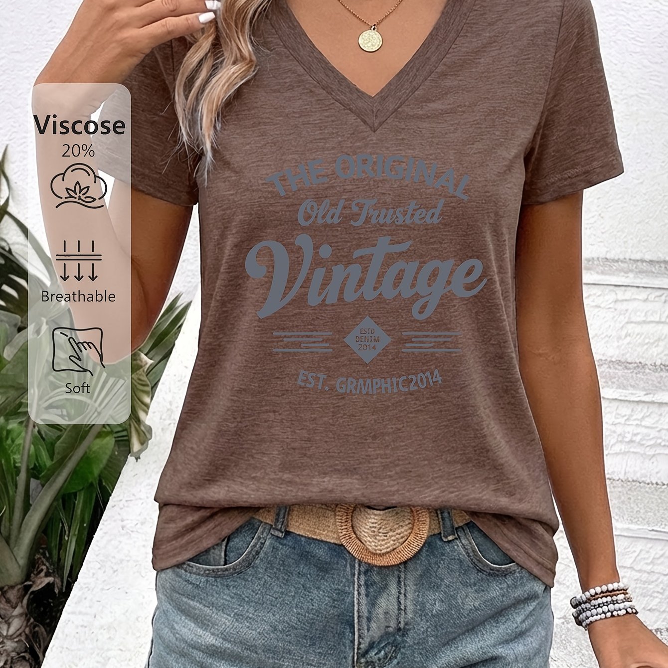 TEMU Women's Original Vintage V-neck Short Sleeve T-shirt - Soft Breathable Cursive Letter Print Blouse Suitable For Casual Daily Wear, Spring Summer