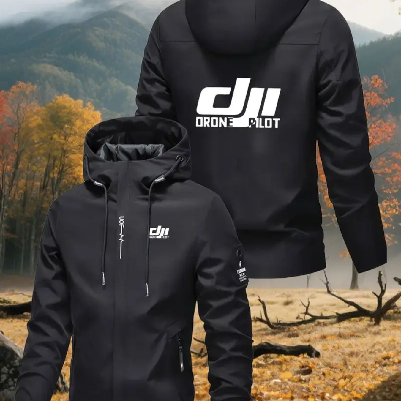 TEMU Men's Drone Logo Hooded Jacket - Drone-themed Aviation Zipper Pocket & Drone Print, Full-zip Casual Coat For Drone Enthusiasts, Spring/fall