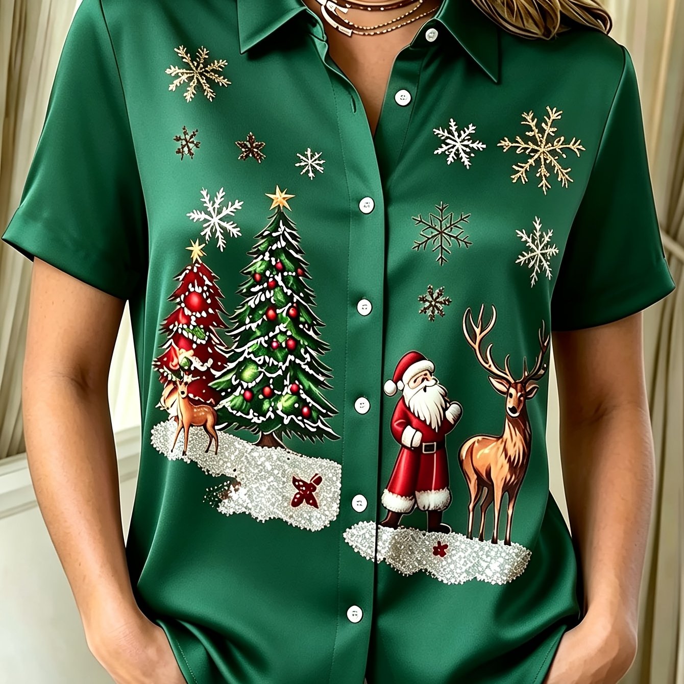 TEMU Plus Size - Christmas Tree Santa Claus Print Women's Plus Size Holiday Short Sleeve Shirt