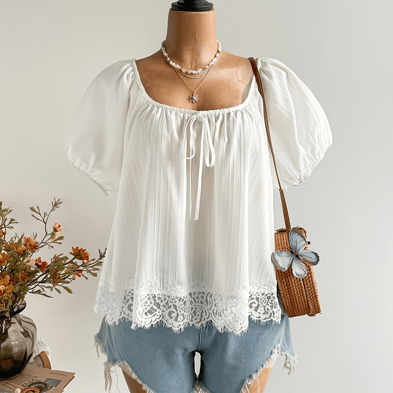 TEMU Plus Size, New Plus Size Women's Short Sleeve Solid Color Loose Fit Casual Blouse With Lace Trim Hem