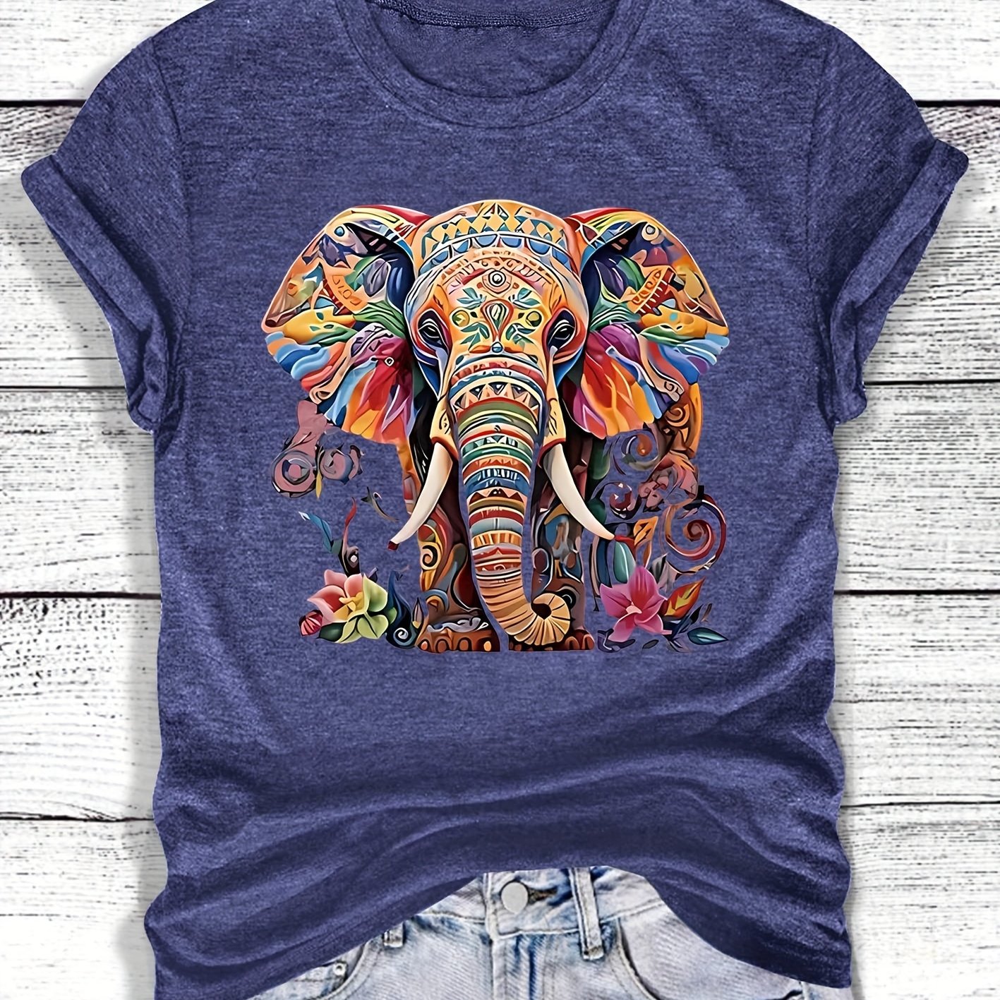 TEMU Elephant Print Crew Neck Casual Vintage Style Women's Elegant Top For Daily Commuting, Spring And Autumn Casual Sporty Style, Crew Neck Short