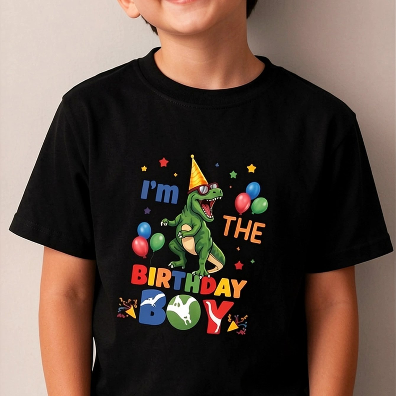 Image of Boys' Printed T-shirt Children's Round Neck T-shirt Boys Short Sleeve T-shirt With I'm The Birthday Boy Dinosaur Print Pure Cotton Suitable For Suitable For Sports And Outdoor Wear
