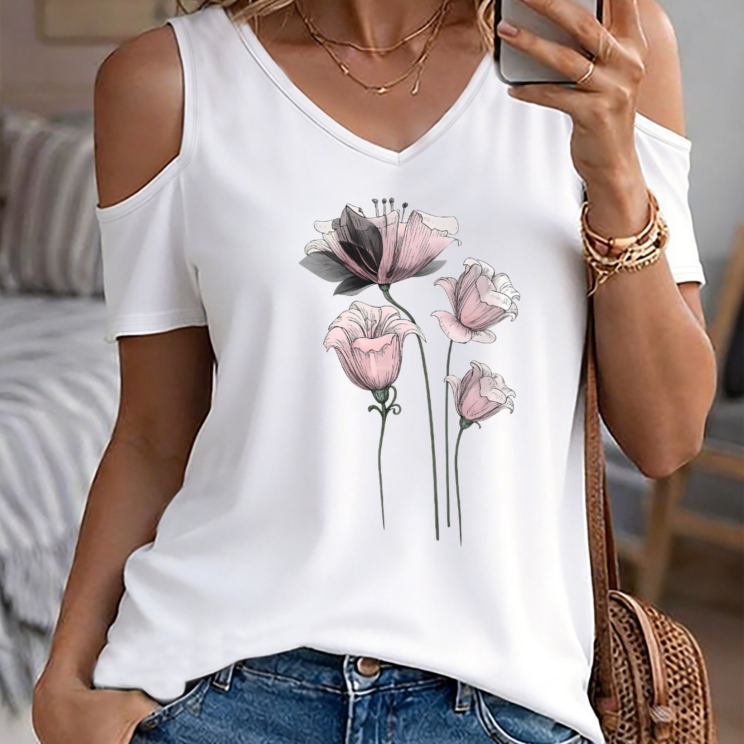 TEMU (002#) Women's Fashion Off-shoulder V-neck T-shirt, V-neck Off-shoulder Short Sleeve T-shirt Casual Top