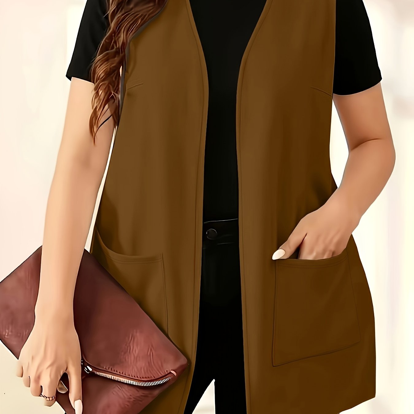 TEMU Plus Size - Elegant Women' Color Cardigan Vest | Front-opening, Thin Open-front Coat