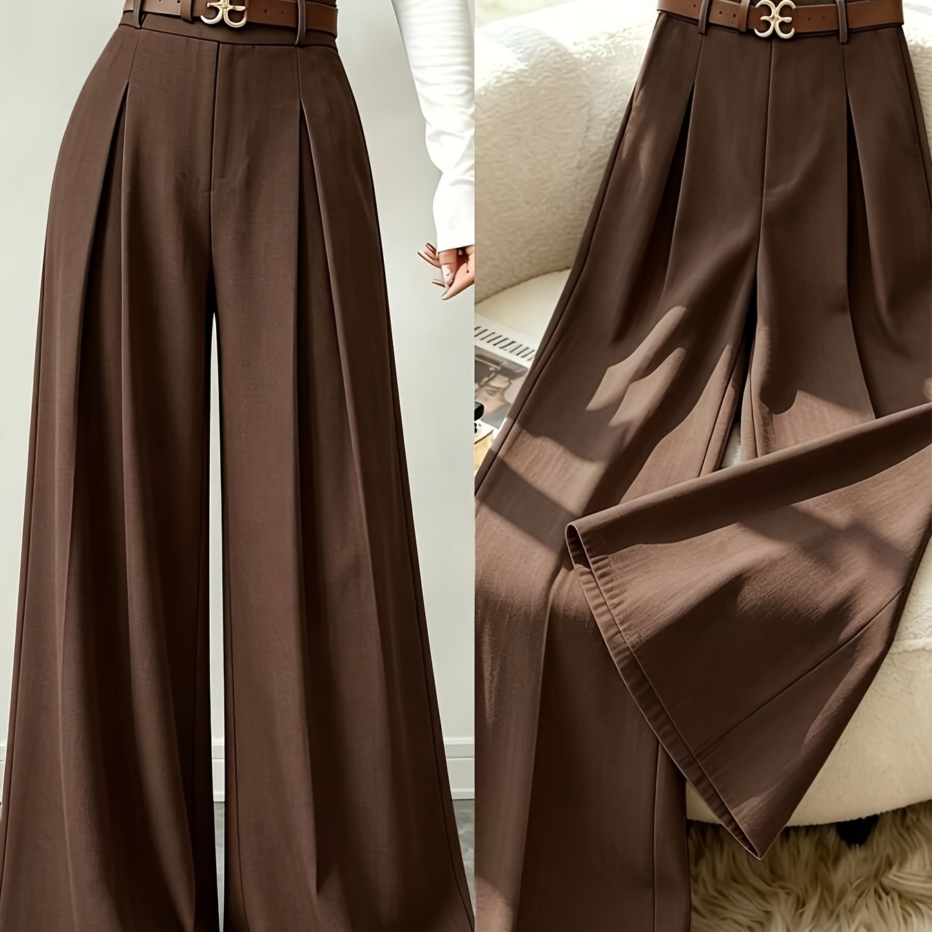 TEMU New Women's Elegant High-waist Straight-leg Wide-leg Trousers, Fashionable High-end Pleated Stretch Waist Straight-leg Pants, Versatile Long