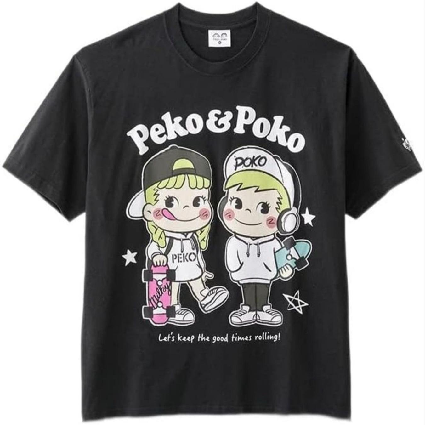TEMU ローカルカジュアル ブラック 半袖 クルーネック トップス 男女兼用 キャラクタープリント入り 洗濯機洗い可