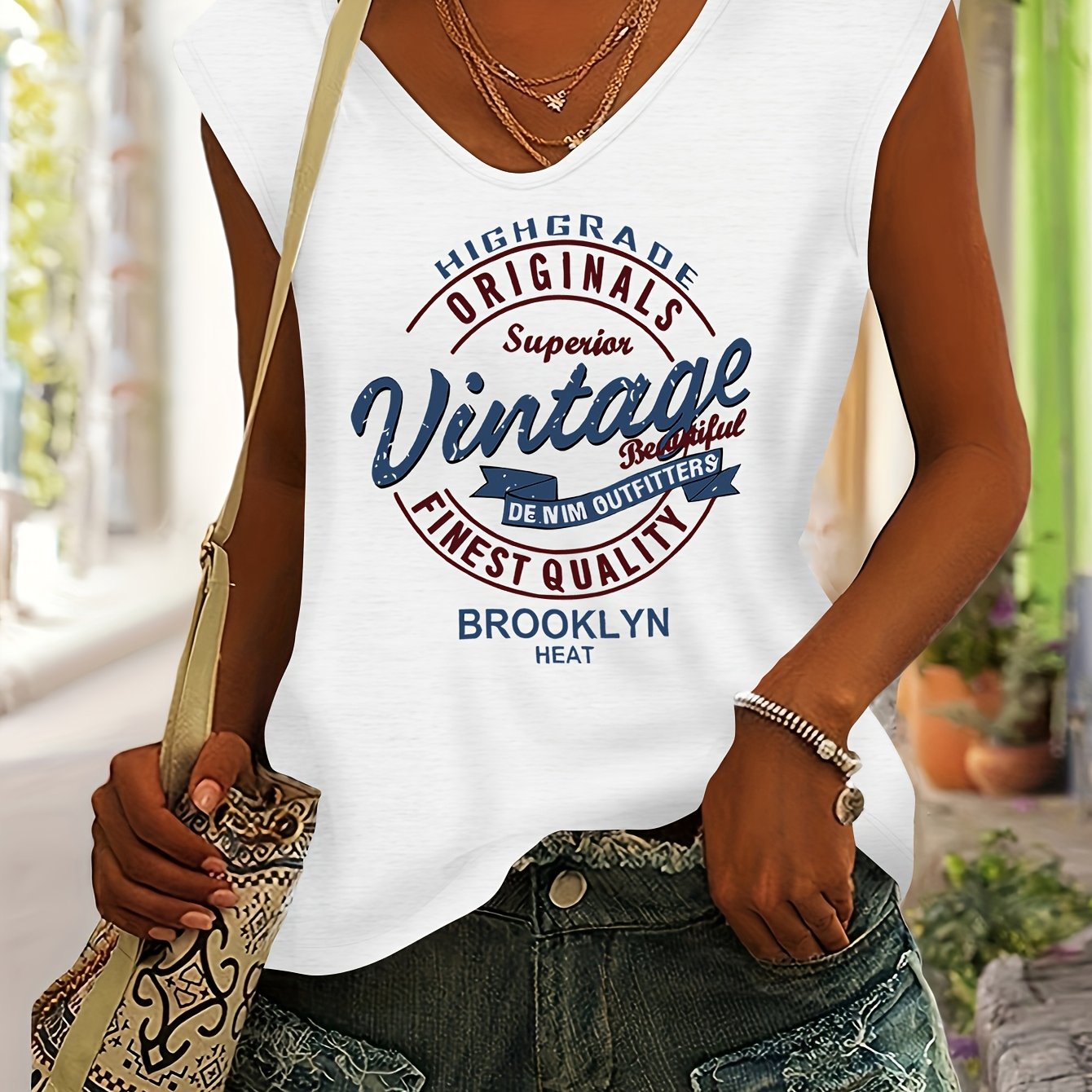 TEMU Women's Brooklyn Letter Print V-neck T-shirt - Short Sleeve Blouse Suitable For Spring/summer, Casual Stretch Top With Brooklyn-themed, Machine