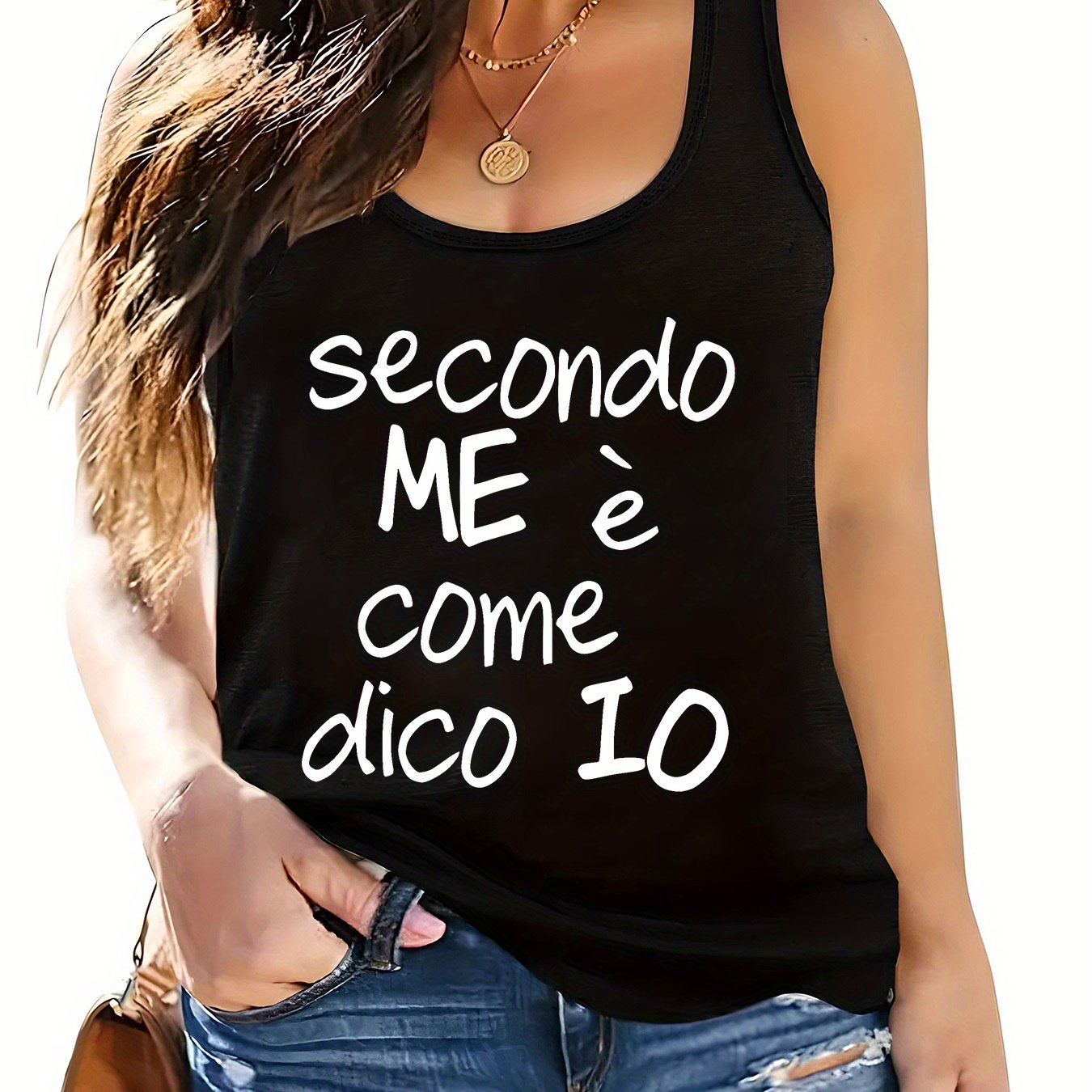 TEMU Plus Size - Plus Size - Women's Casual Crew Neck Plus Size Sleeveless Vest With È Come Dico Io Italian Text Pattern Print, Soft And Blend,