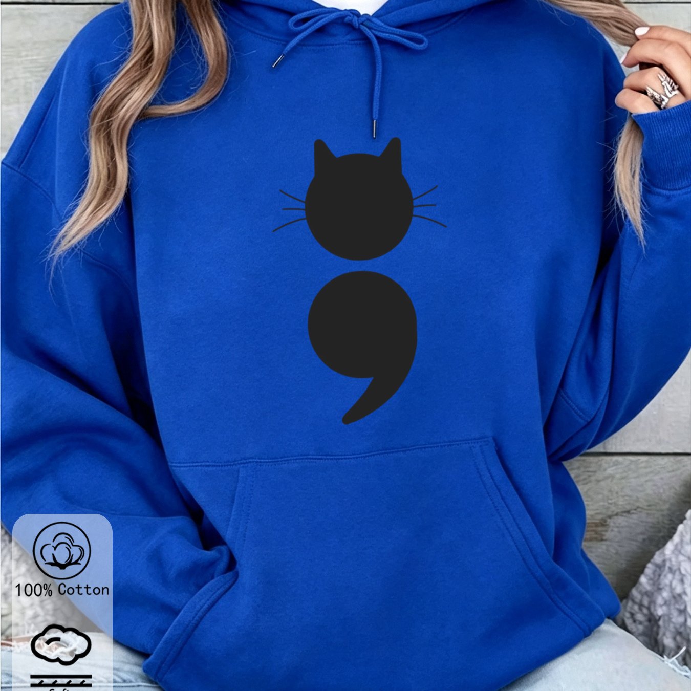 Image of Fall Winter Women's Stylish Drawstring Hoodie, Cat Symbol Print, Casual Loose-fit Pullover Jacket With Pockets
