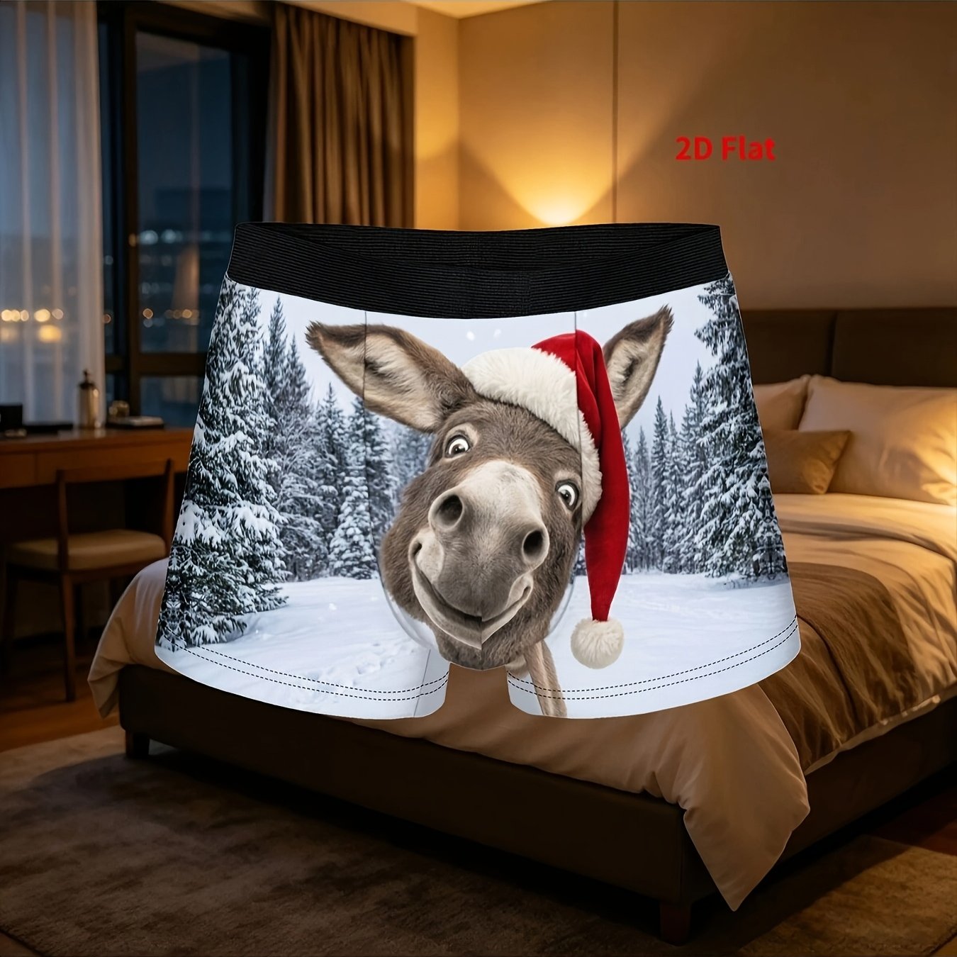 TEMU 1pc Interesting Funny Christmas Hat Donkey Pattern 2d Flat Printing Underpants Homme Panties Male Underwear Shorts Boxer Briefs, 2d Flat