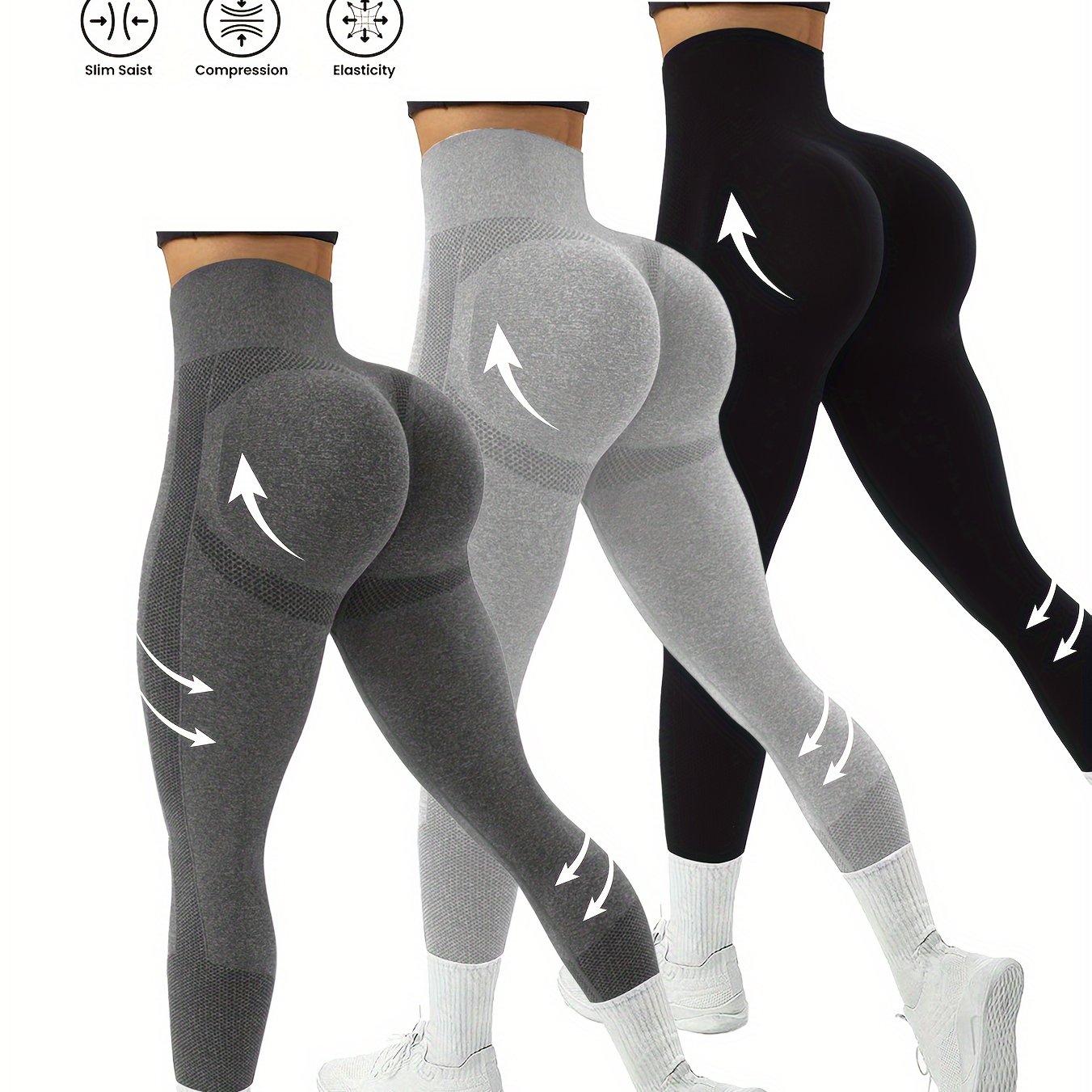 TEMU 3-pack High-waist Sports Leggings For Women With Side Stripe Detail, Polyamide & Elastane, Solid Color, High Stretch, Skinny Fit, Cropped Length - Elastic Waist Yoga Pants For Adults