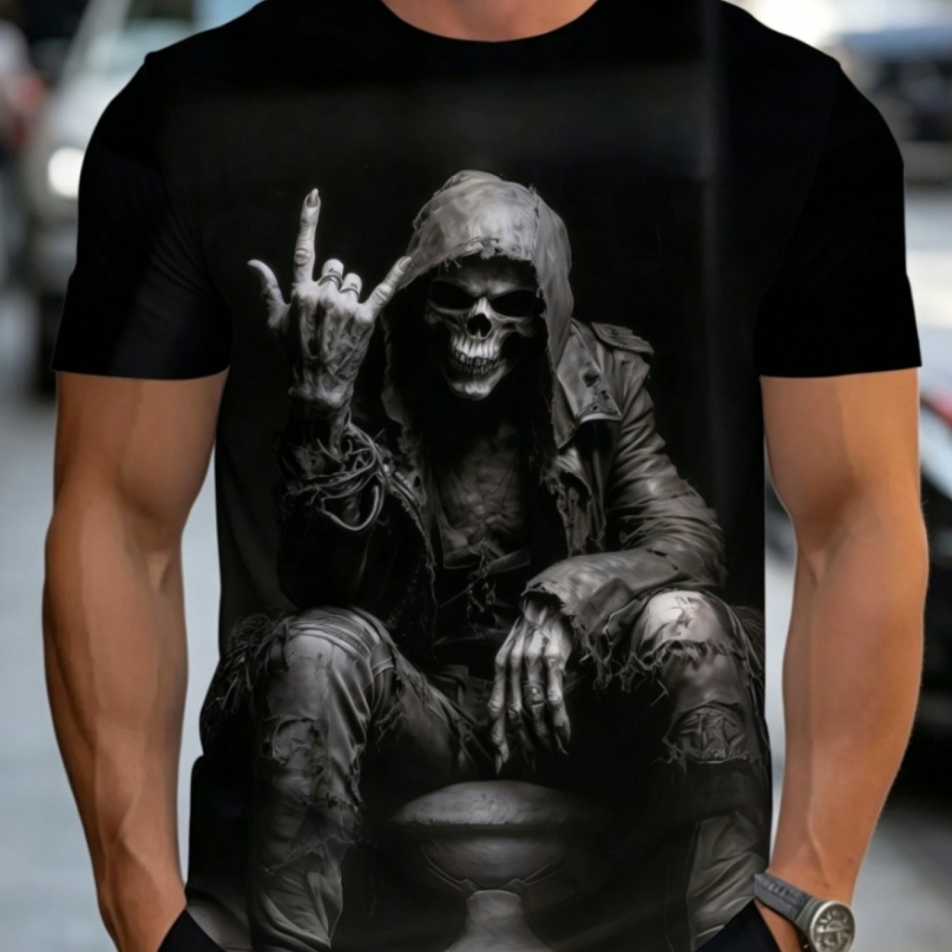 TEMU [printed Design - Not Textured] 2026 New Premium Skull Print Short Sleeve Street Style Cool Plus Size Men's Loose Fit Unique Top, Plus Size