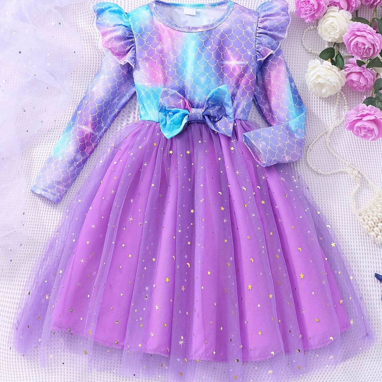 Image of ' Toddler Long Sleeve Round Neck Mesh Mermaid Sequin Bow Dress Stage Performance Outfit Fall New