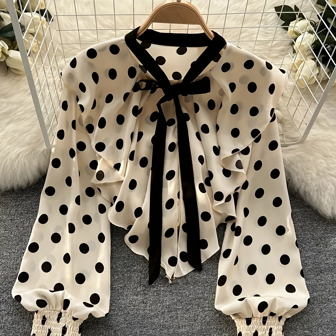 E-shop Französisches Polka Dot Shirt Design Elegantes Festliches Feiertags-- Rüschen Sweet Schal Damen Top
