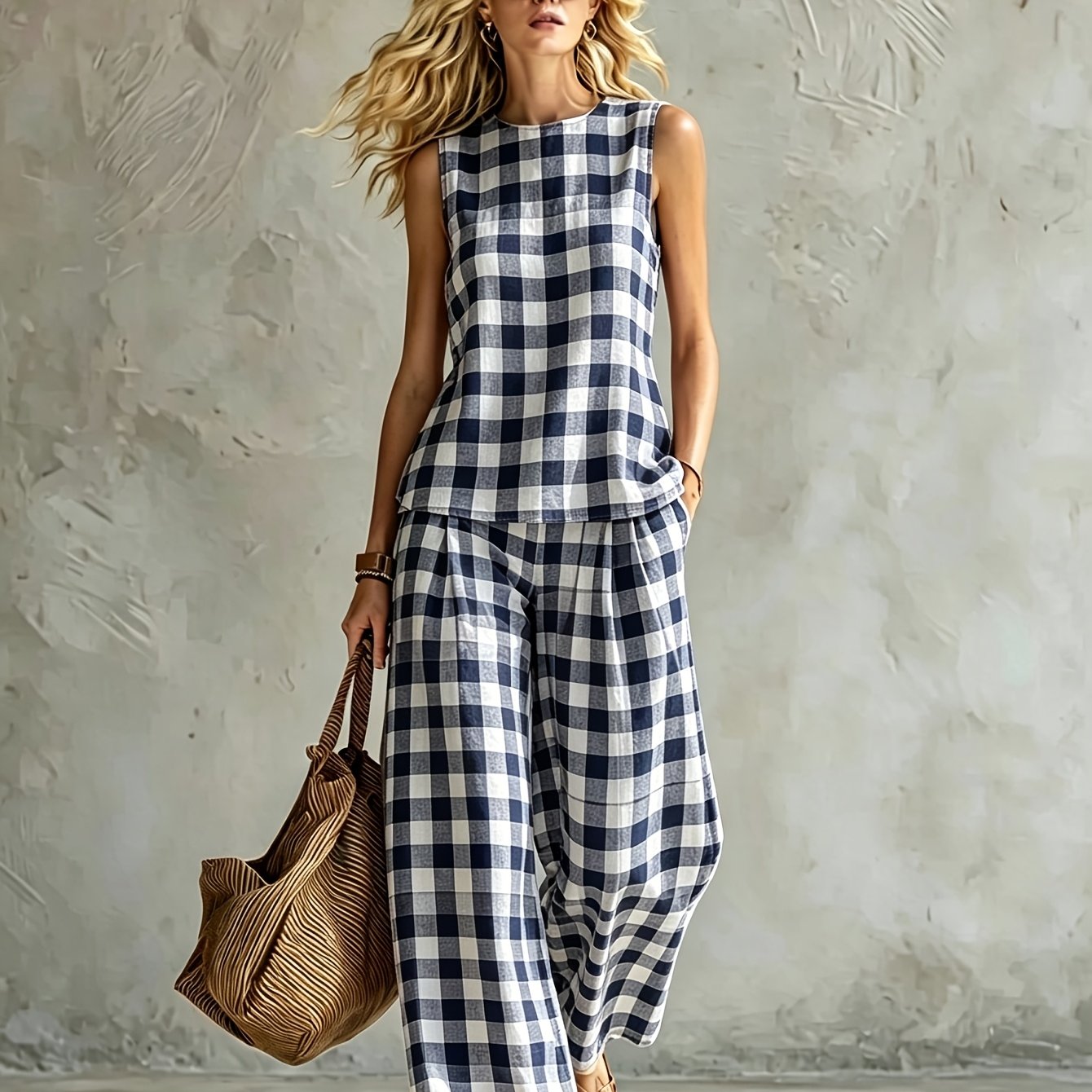New Women's Summer Clothing: Top + Pants Set Red White Gingham Check Summer Women's Vest Set Casual Wear Machine Washable Fiber Simple And Two-piece Set 2d Flat Printing Summer