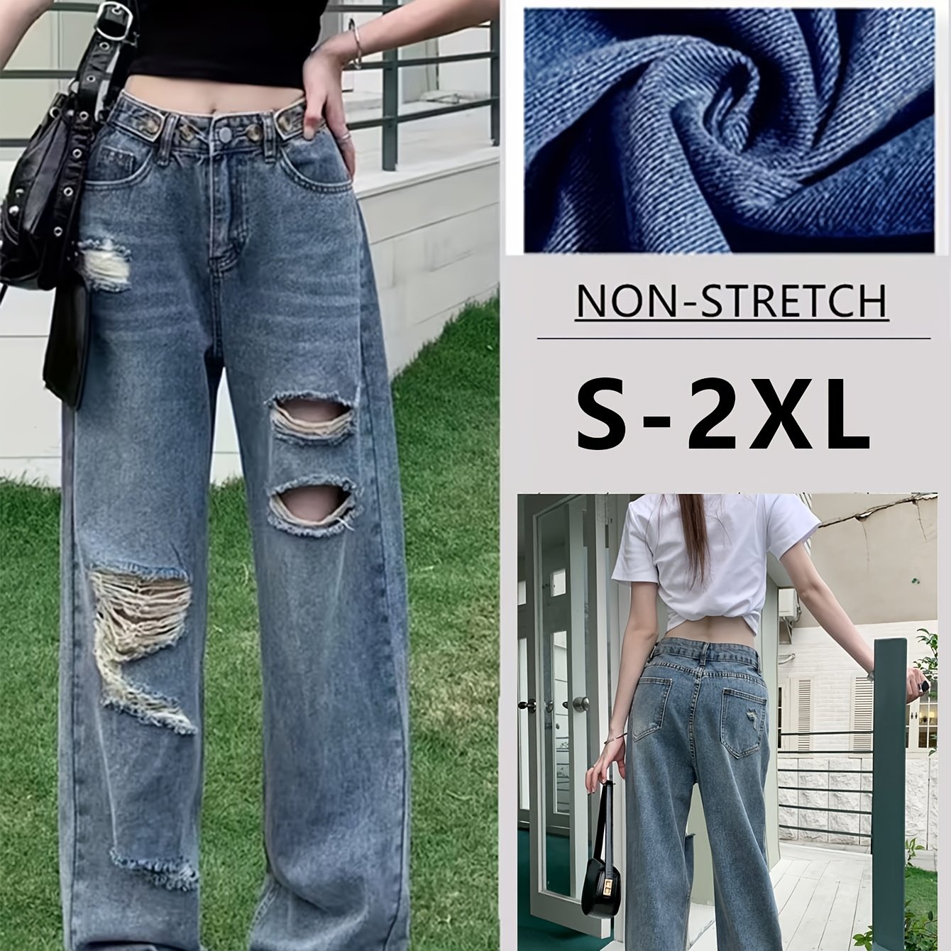 TEMU 【商品名】レディース ハイストレートレッグジーンズ。、快適、スした雰囲気。調節可能なウエストとレッグフィットが特徴。