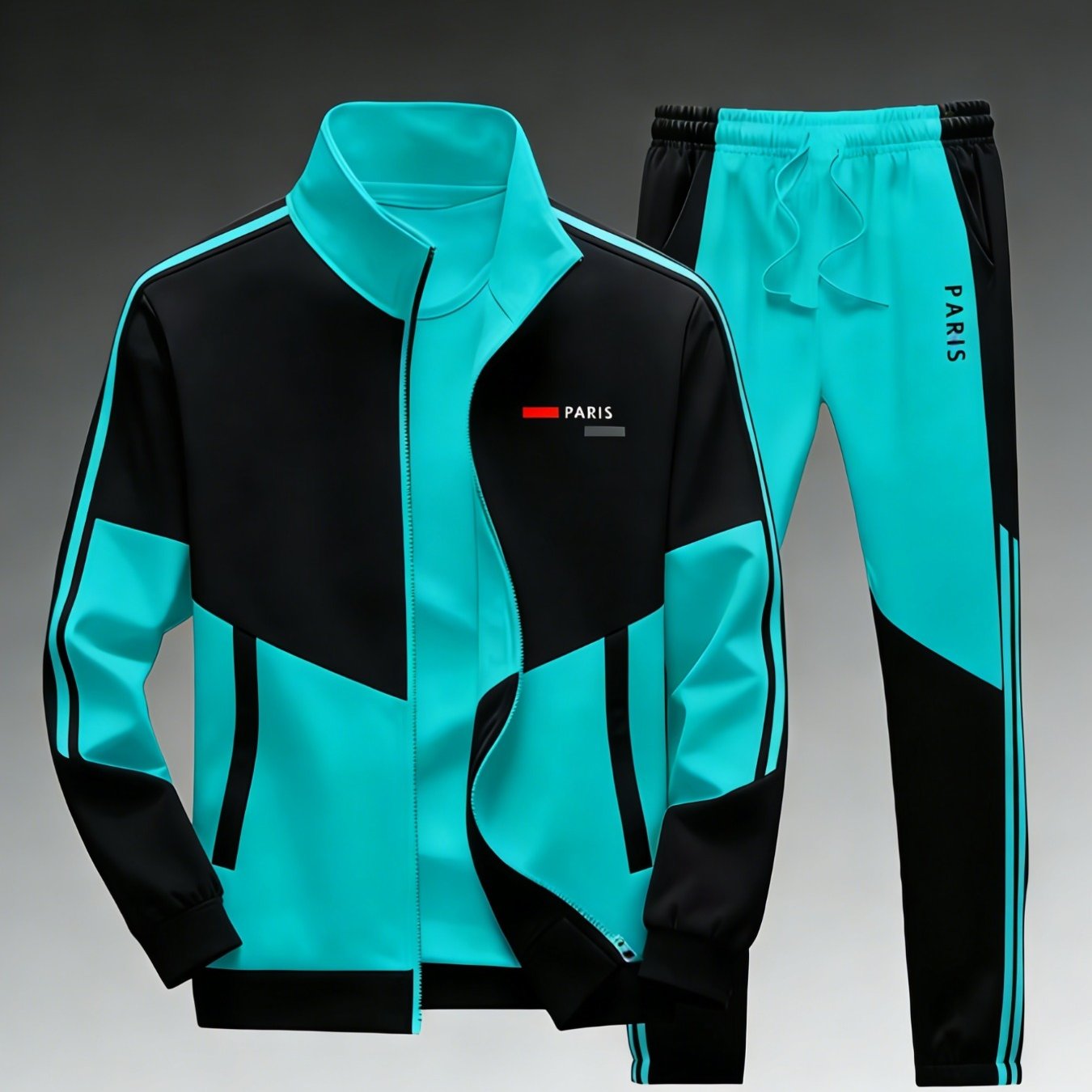 Image of Men's Parisian Sportswear Set - Black And Green Contrasting Zipper Jacket And Striped Decoration Jogging Pants, Urban Sportswear, Two-piece Casual Outfit